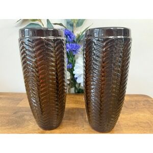 Vintage Pottery Brown Glaze‎ Tall Vases Pair Rare Ribbed Leaf Design Canada
